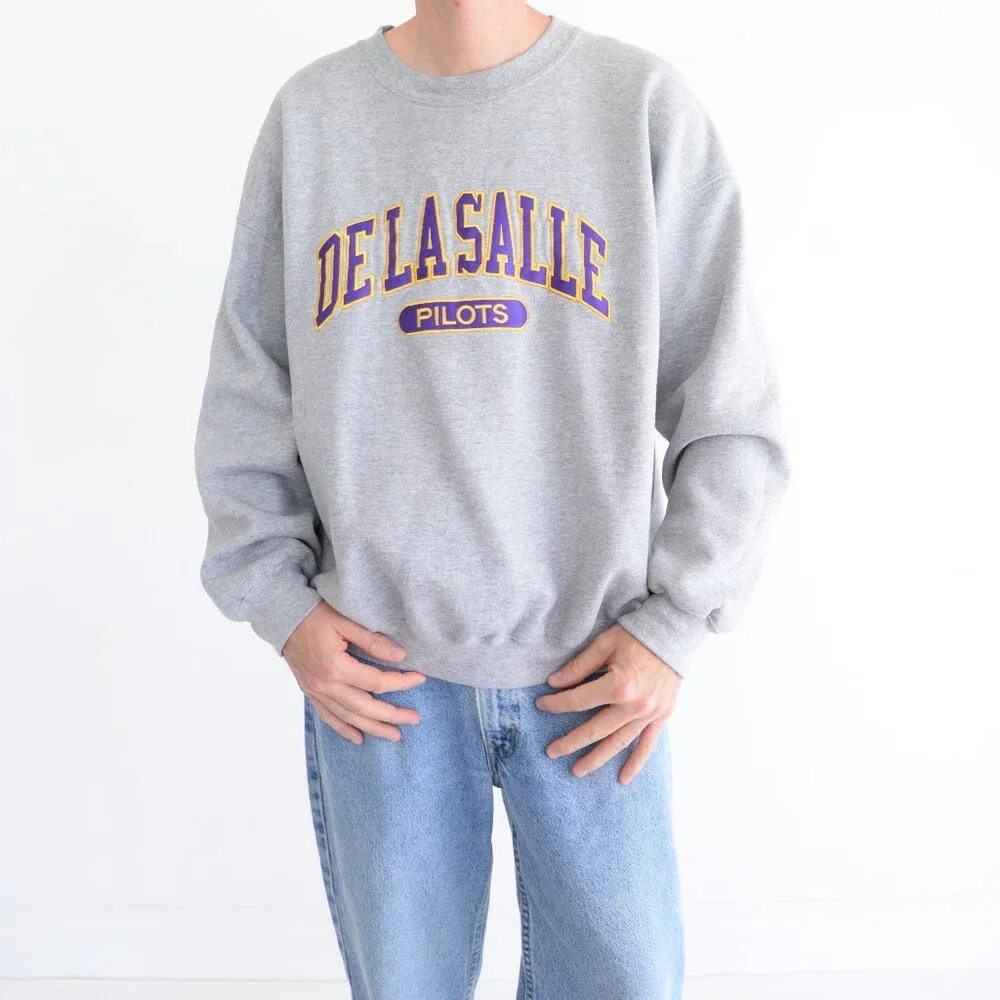 VTG Gildan Delasalle Pilots Embroidered Purple Gray Collegiate Crewneck Sweater